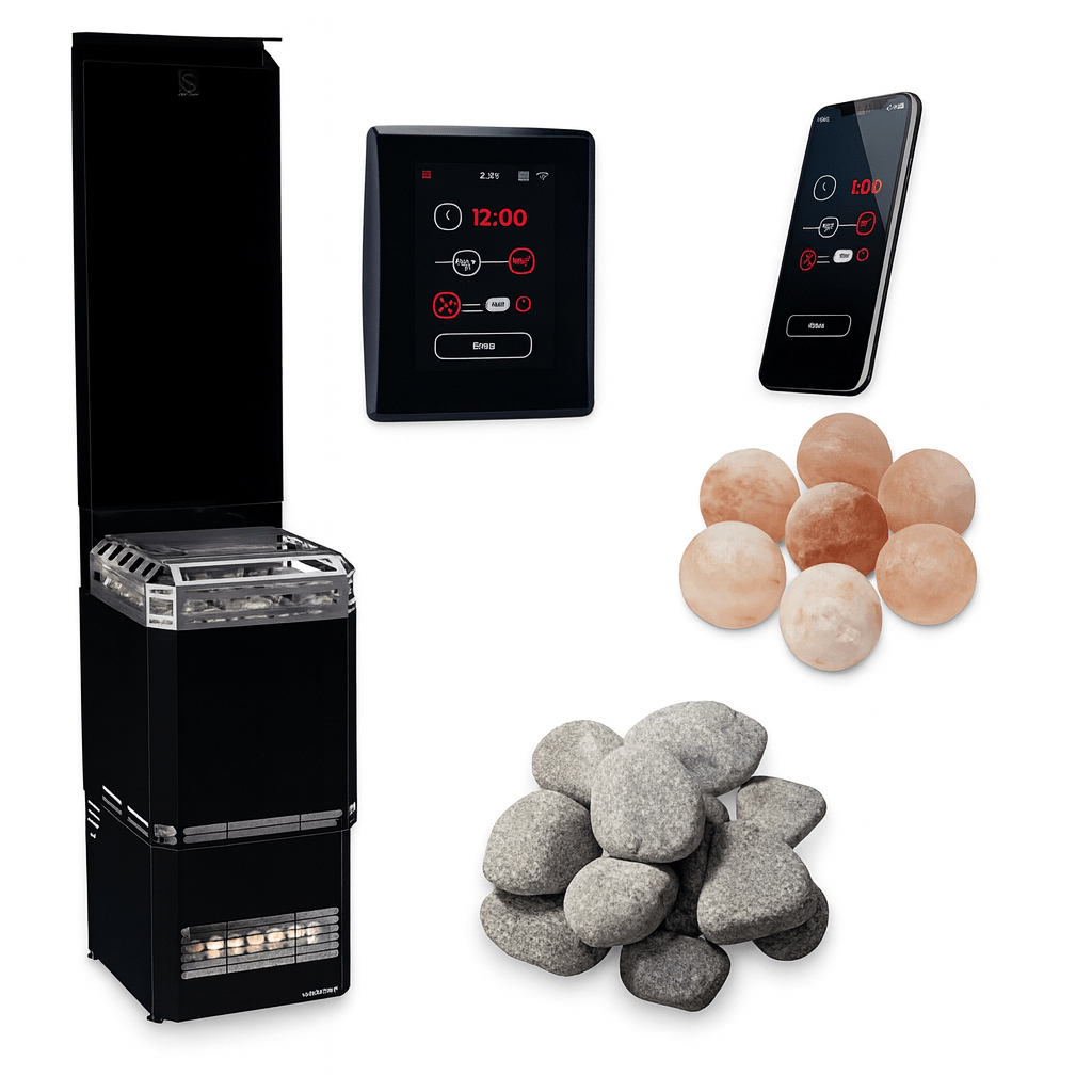 Saunum AIR L-13 sauna heater kit with stones, control panel, and mobile app for optimal sauna experience
