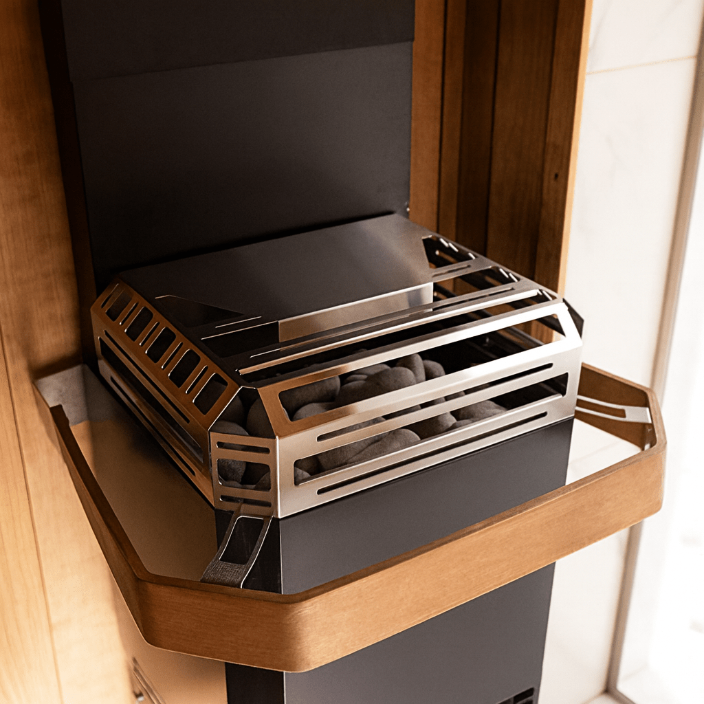 Saunum Air L 15 sauna heater featuring a sleek design with stone compartment and stainless steel accents
