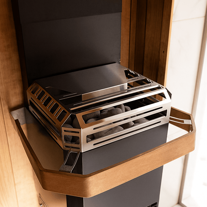 Saunum Air L 15 sauna heater featuring a sleek design with stone compartment and stainless steel accents