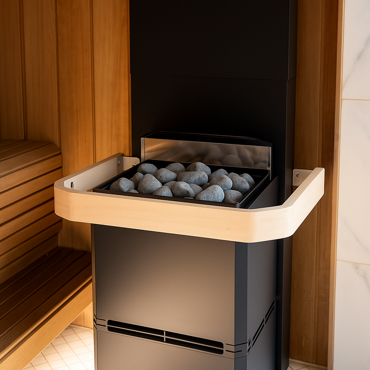 Saunum AIR L protective handrail on a sauna heater with heated stones and wooden interior design