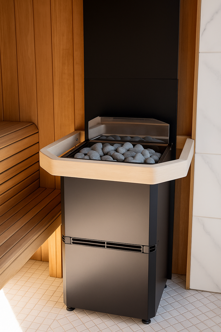 Saunum AIR L protective handrail attached to a sauna heater with heated stones