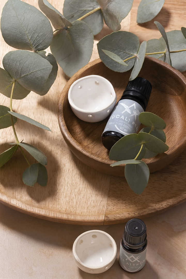 Saunum eucalyptus sauna aroma oil set featuring elegant glass bottles and natural eucalyptus leaves