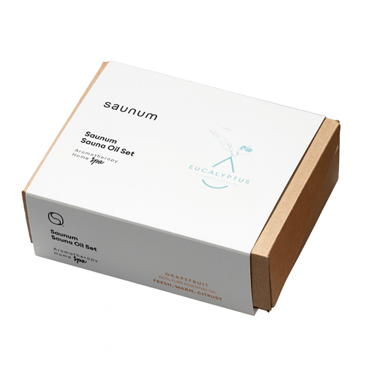 Saunum eucalyptus sauna aroma oil set packaged in a stylish box for aromatic spa experiences