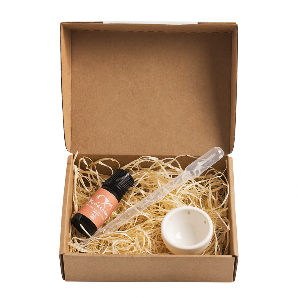 Grapefruit sauna aroma oil set with oil bottle, dropper, and dish, perfect for a refreshing sauna experience