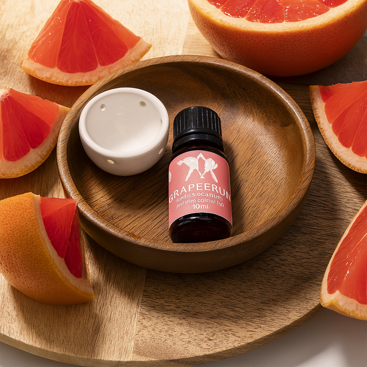 Grapefruit sauna aroma oil set in a wooden bowl with grapefruit slices on a table