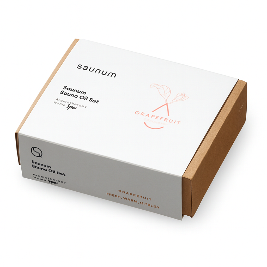 Saunum grapefruit sauna aroma oil set in eco-friendly packaging for a relaxing sauna experience