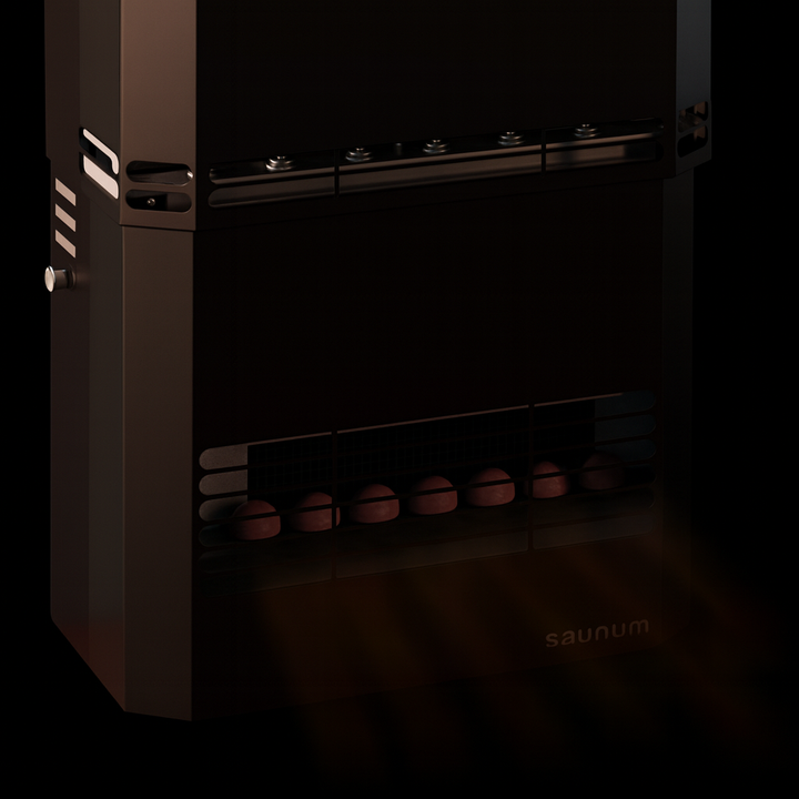 Saunum Himalayan salt spheres set enhancing ambiance with warm light in a sleek black accessory