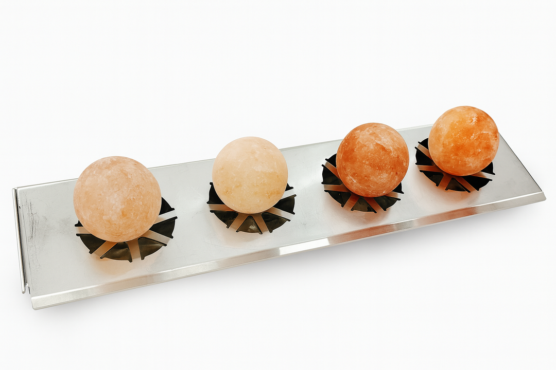 Saunum Himalayan salt spheres set displayed on a stainless steel tray for natural wellness