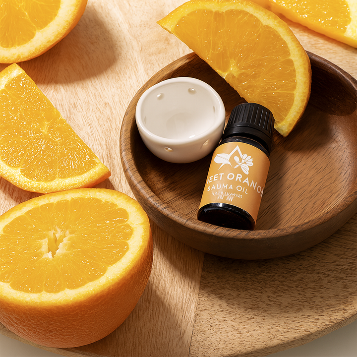 Sweet orange aroma oil set with essential oil bottle and fresh orange slices on wooden surface