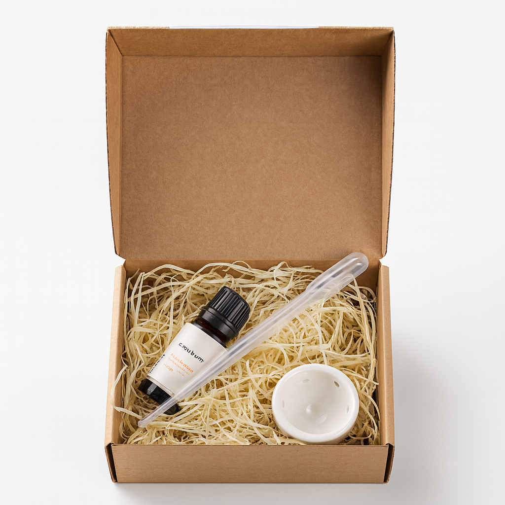 Saunum sweet orange aroma oil set with dropper, ceramic dish, and natural filler in a gift box