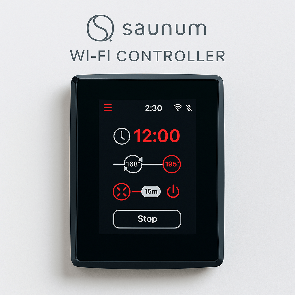 Saunum Wi-Fi sauna heater control with touchscreen display and timer settings for easy temperature management