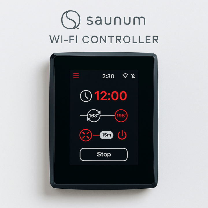 Saunum Wi-Fi sauna heater control with touchscreen display and timer settings for easy temperature management