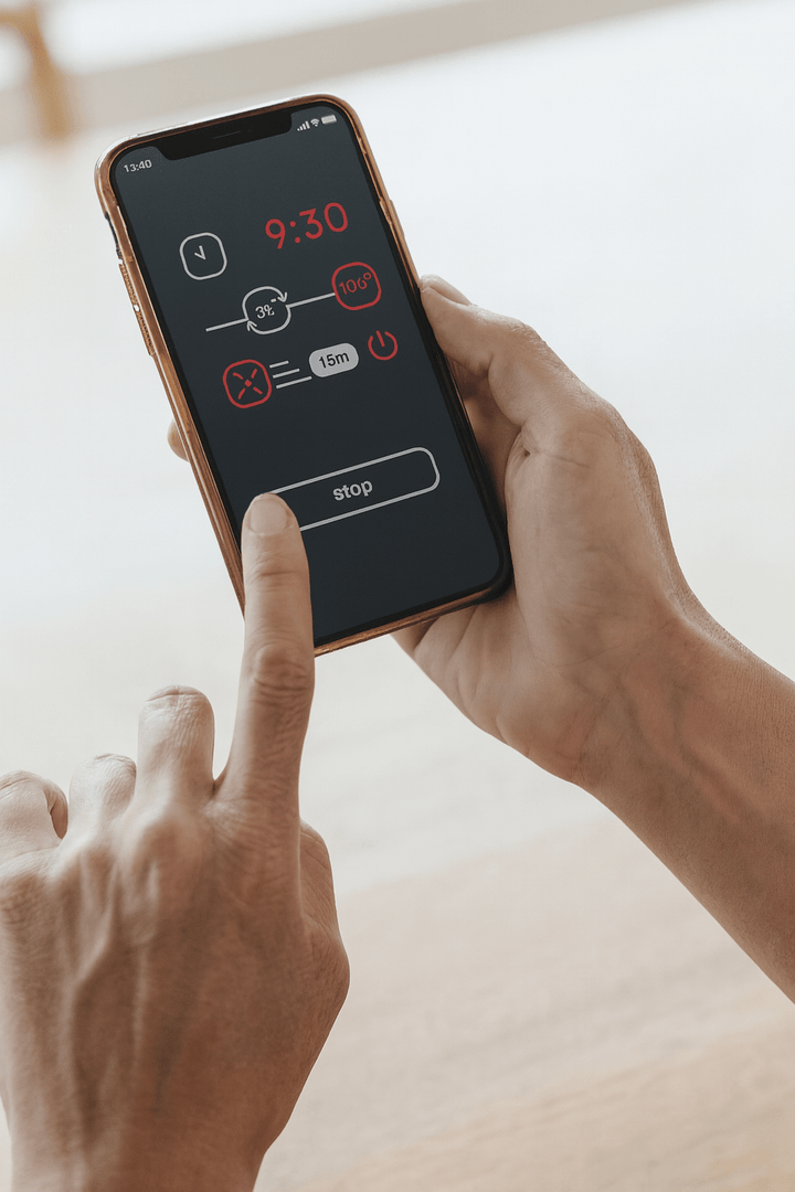 Smartphone displaying Wi-Fi sauna heater control app with timer and temperature settings