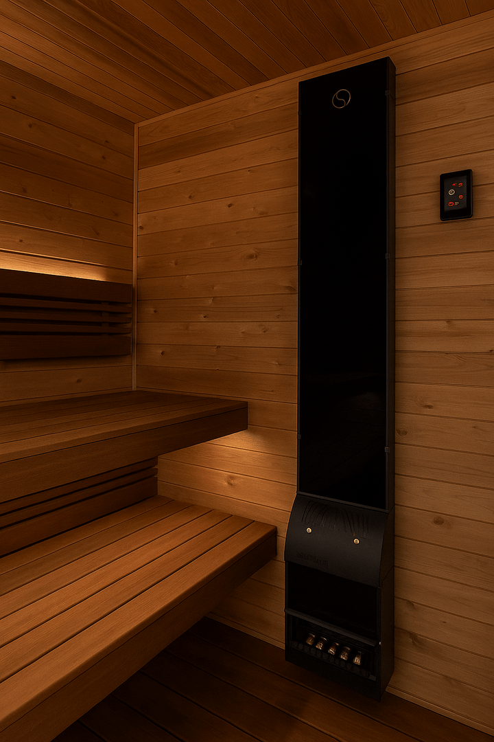 Saunum Wi-Fi sauna heater control installed in a wooden sauna with ample seating and ambient lighting