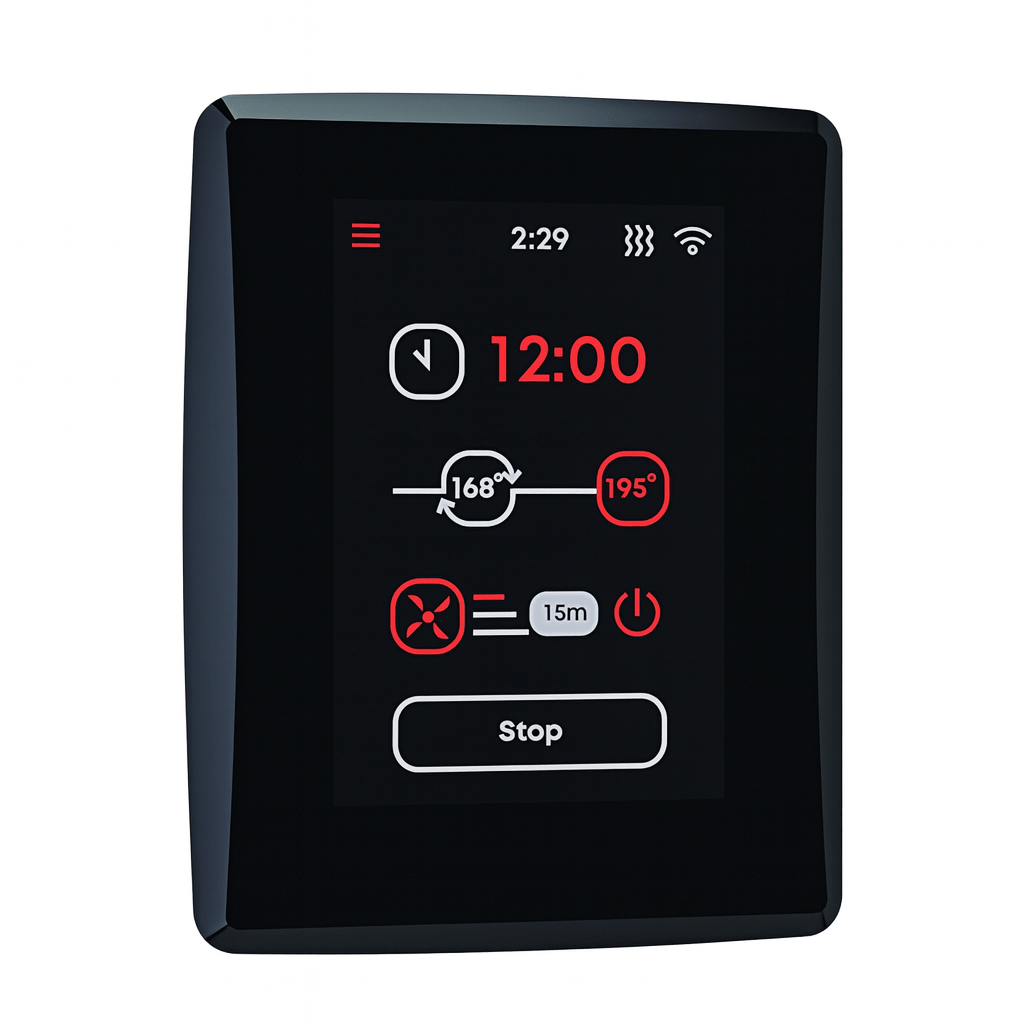 Saunum Air Series 5 sauna heater control panel with digital display for easy temperature settings