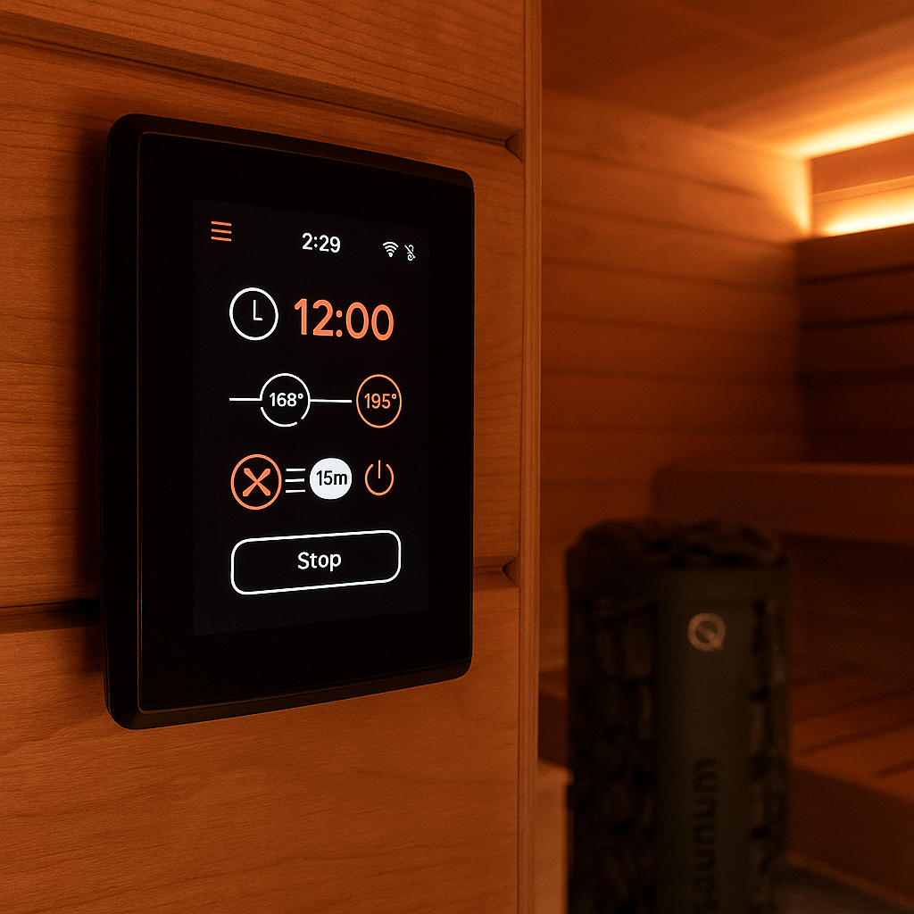 Saunum Wi-Fi sauna heater control touchscreen display with timer and temperature settings in a sauna room