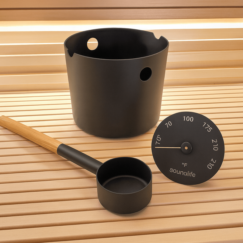 Scandinavian sauna accessories set including a black bucket, ladle, and thermometer for an authentic sauna experience