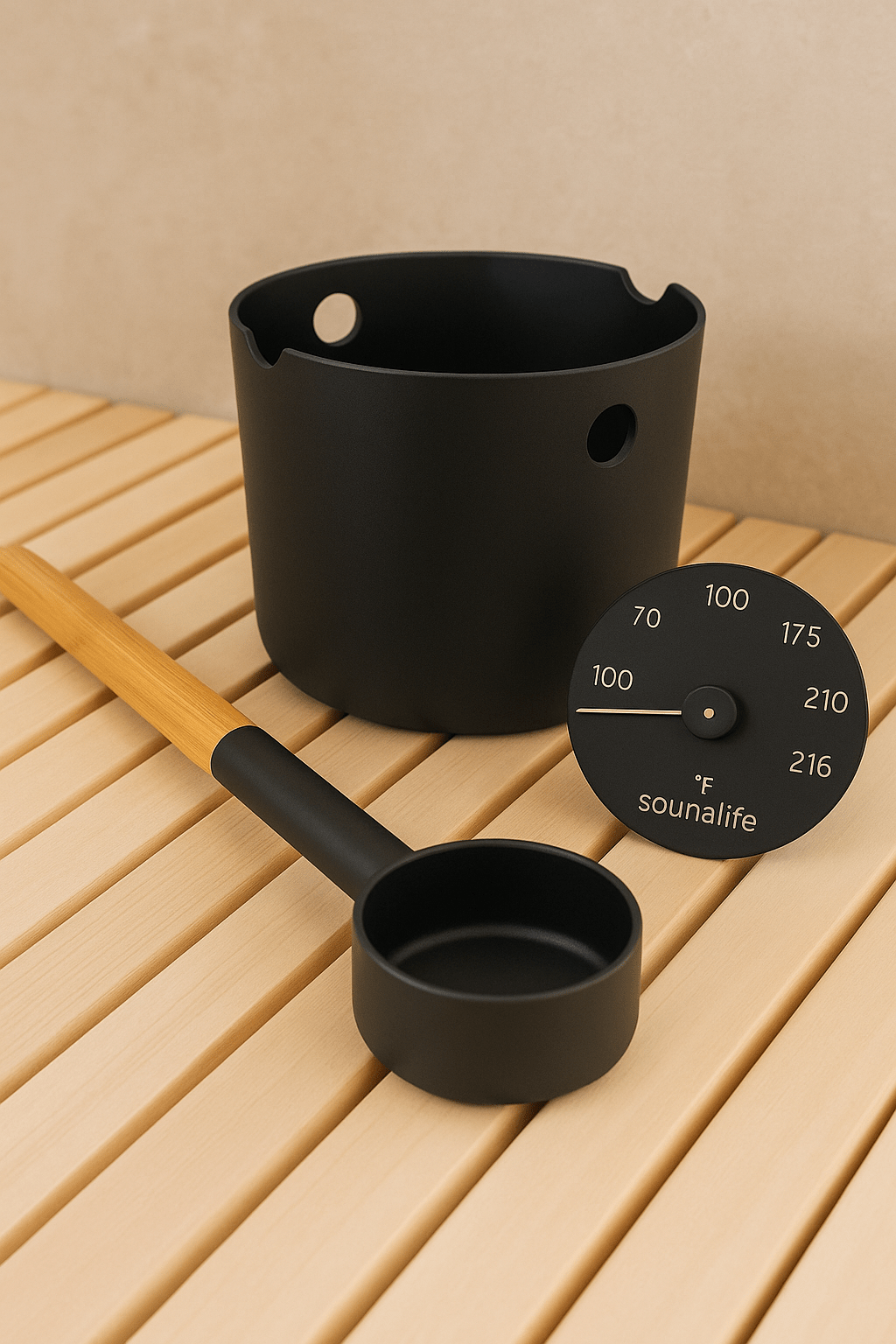 Scandinavian sauna accessories set featuring a black bucket, ladle, and thermometer for spa relaxation