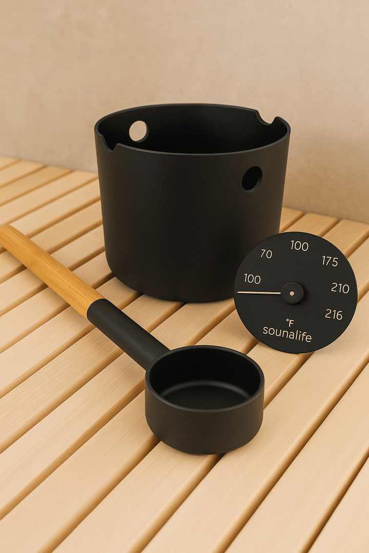 Scandinavian sauna accessories set featuring a black bucket, ladle, and thermometer for spa relaxation