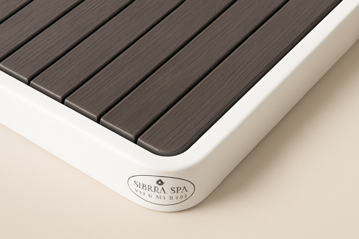 Close-up of Sierra Spa luxury cold plunge basin corner with dark wood slats and white frame