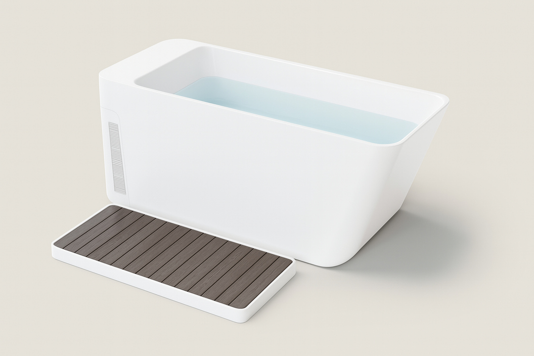 Sierra Spa luxury cold plunge basin in white with wooden step for home spa relaxation