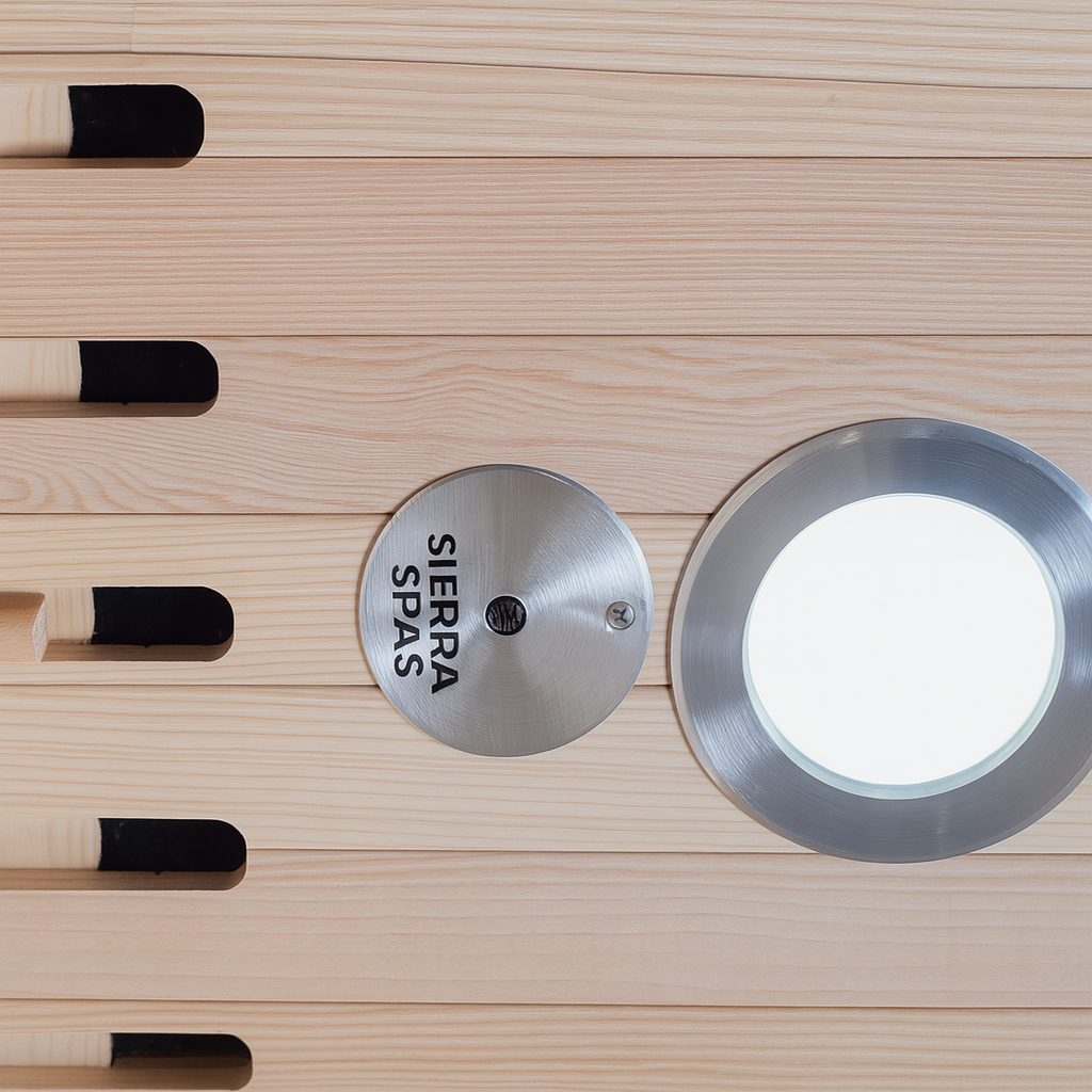 Interior wood paneling and light fixture inside SunRay 2-person cedar sauna infrared sauna