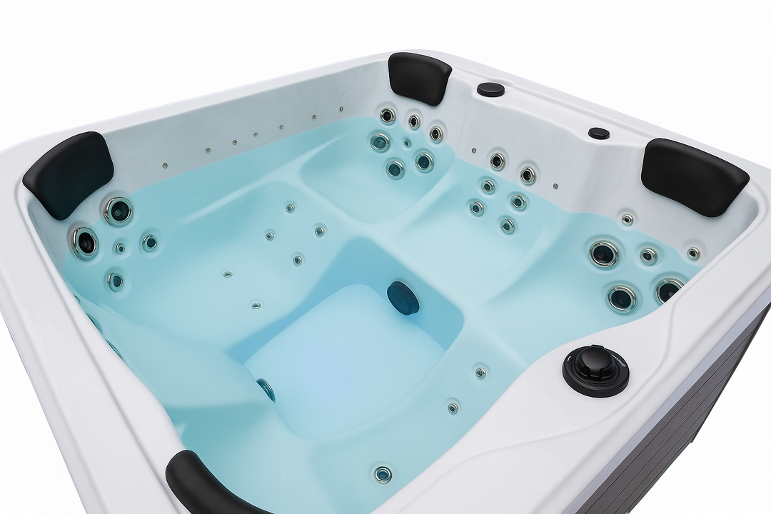 Luxury Spa Social Studio Series WS-297 hot tub with multiple jets and cushioned headrests filled with clear water