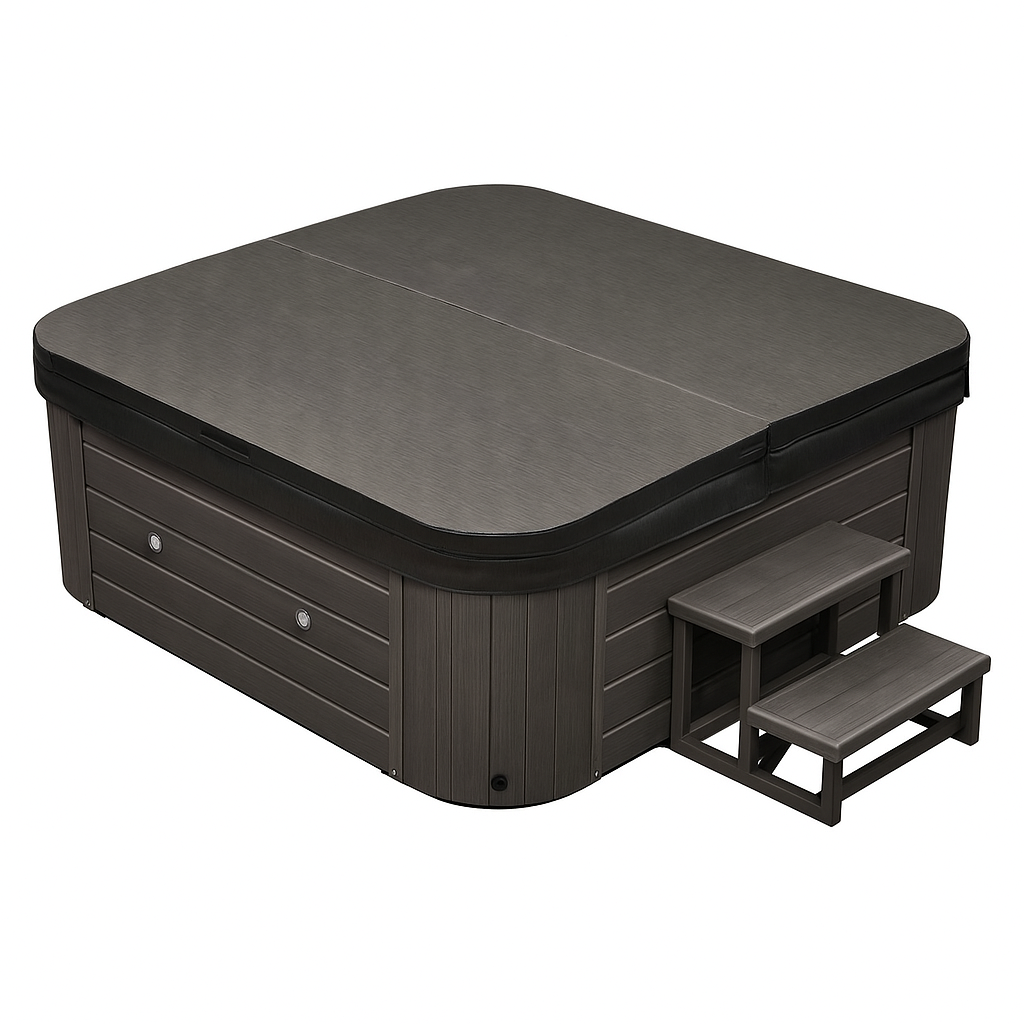 Luxury Spa Social Studio Series WS-297 hot tub with dark cover and matching steps