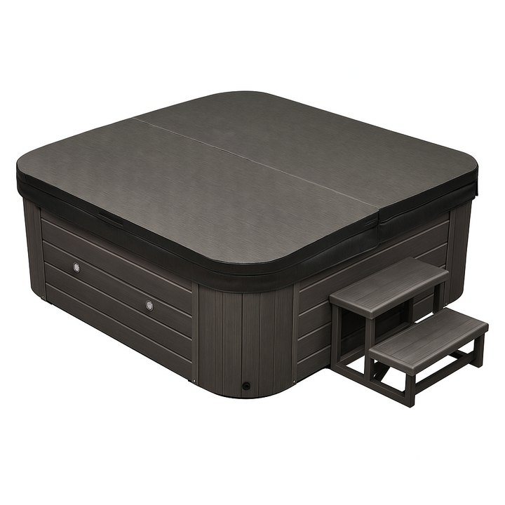 Luxury Spa Social Studio Series WS-297 hot tub with dark cover and matching steps