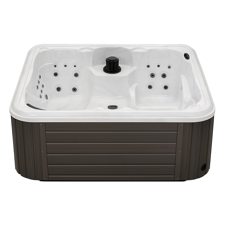Luxury Spa Social Studio Series WS-297 hot tub with white interior and dark brown exterior panels