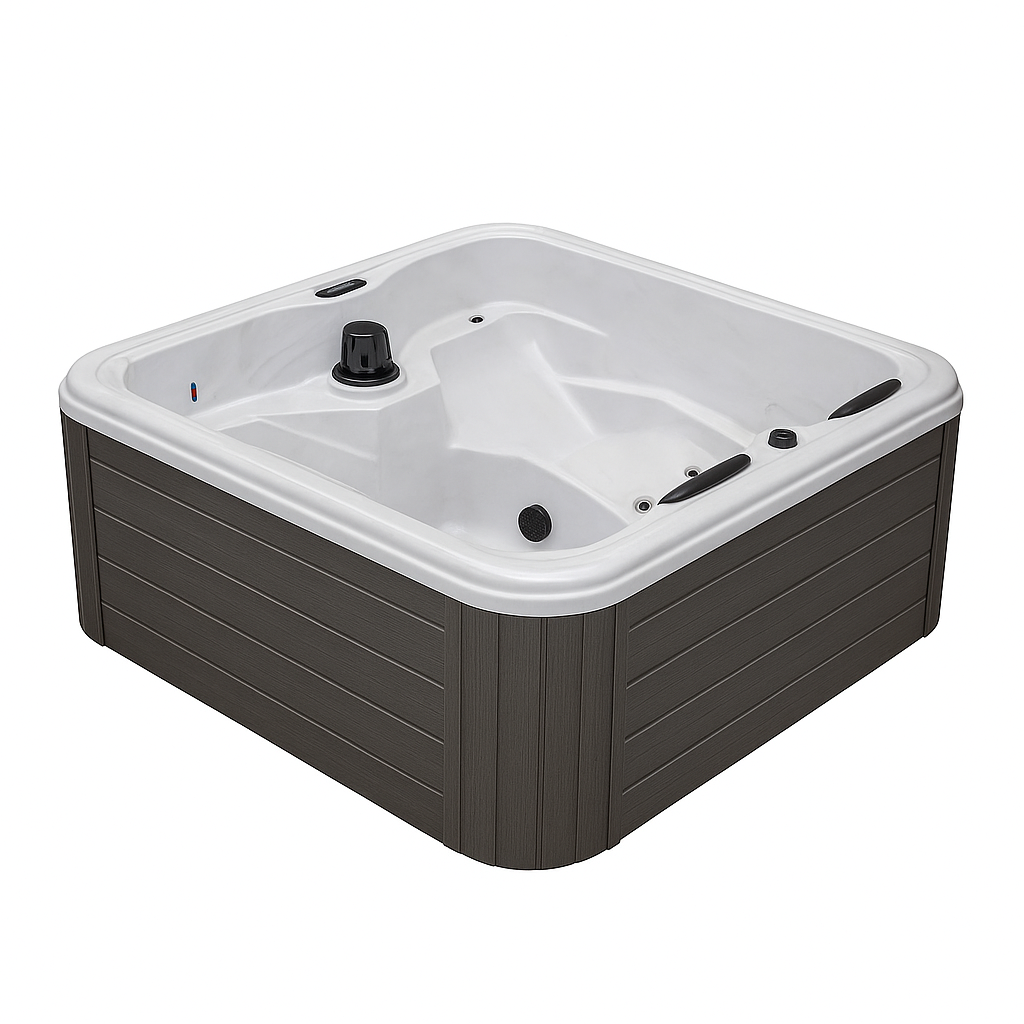 Luxury Spa Social Studio Series WS-297 hot tub with white interior and dark brown exterior paneling
