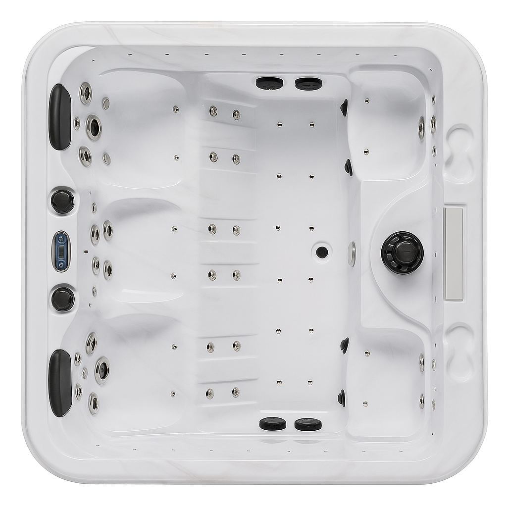Luxury Spa Social Studio Series WS-297 white hot tub with multiple jets and ergonomic seating for social gatherings