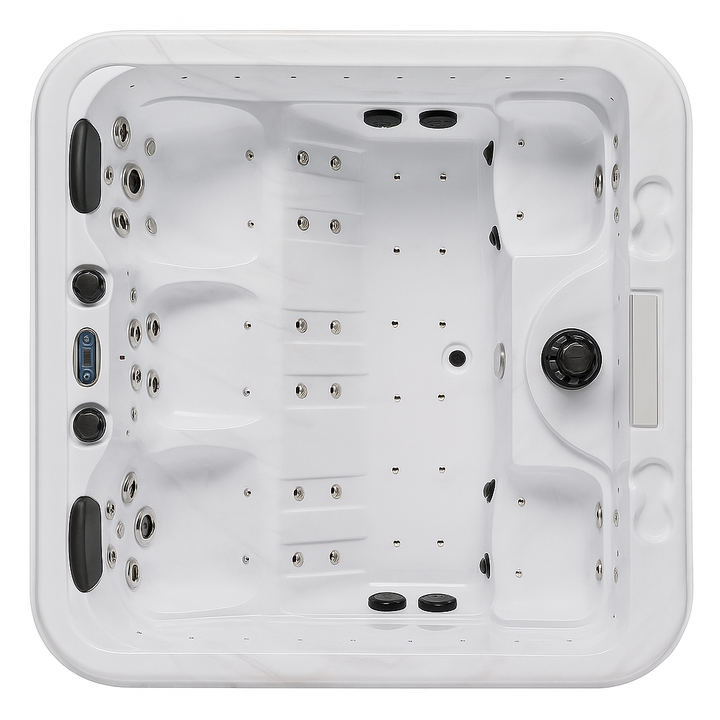 Luxury Spa Social Studio Series WS-297 white hot tub with multiple jets and ergonomic seating for social gatherings