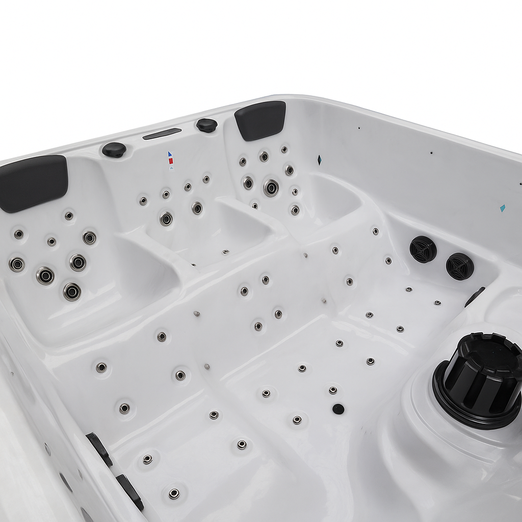 Luxury Spa Social Studio Series WS-297 white hot tub with multiple jet nozzles and cushioned headrests