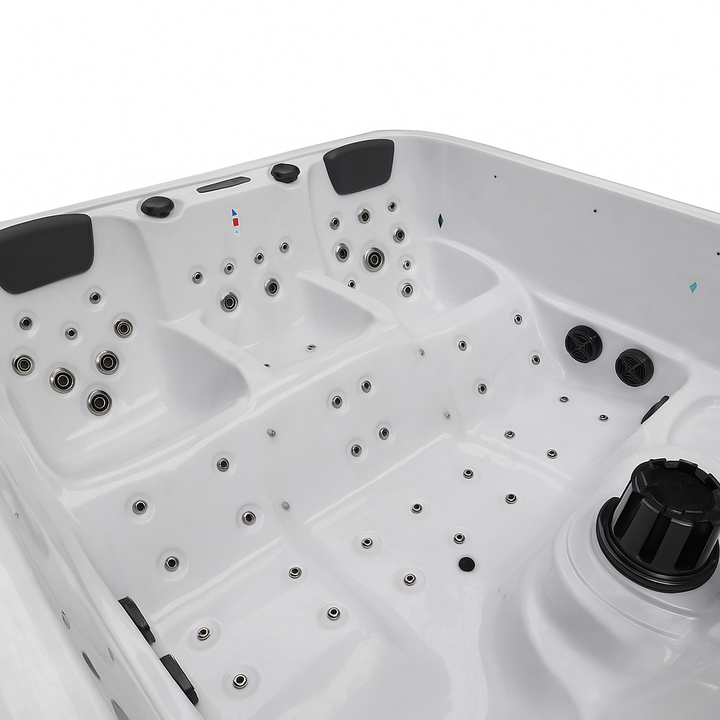 Luxury Spa Social Studio Series WS-297 white hot tub with multiple jet nozzles and cushioned headrests