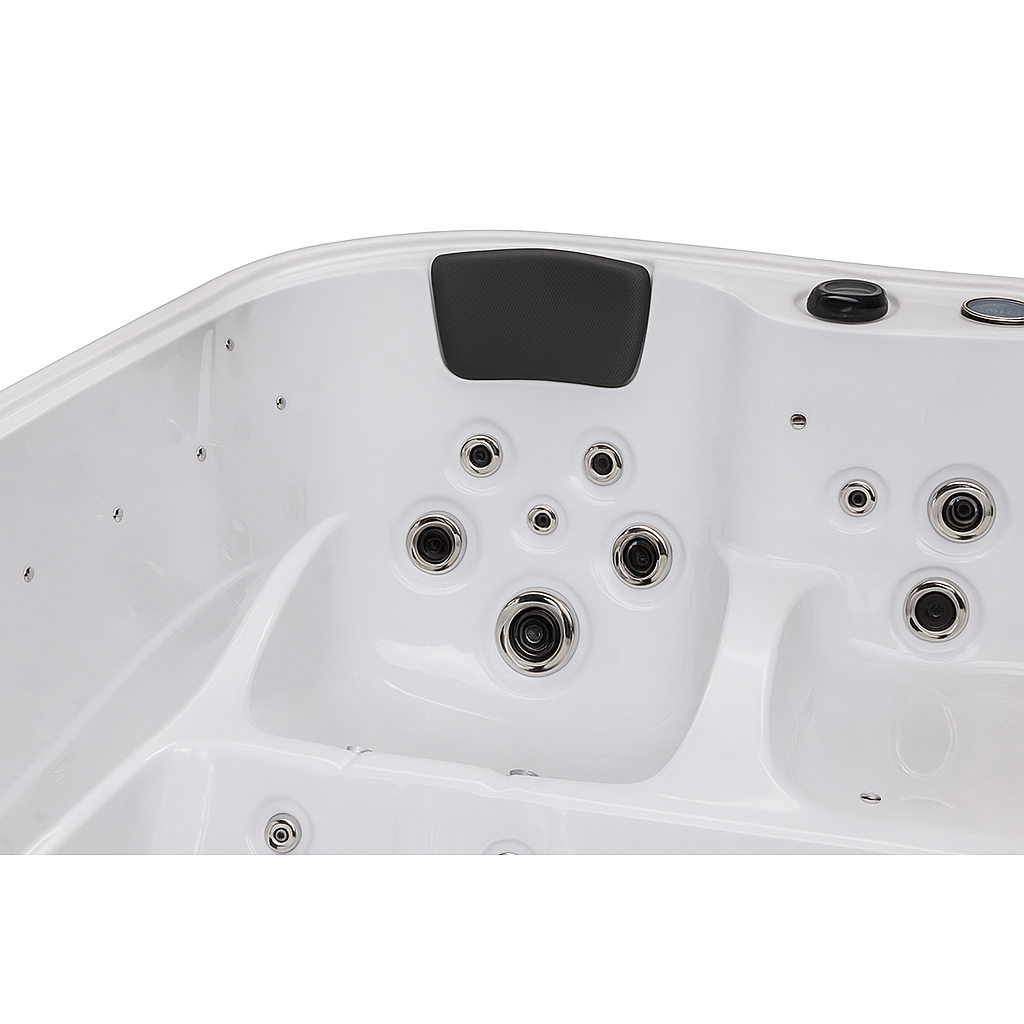 Close-up of white hot tub seating area with multiple jets and black headrest Social Studio Series WS-297