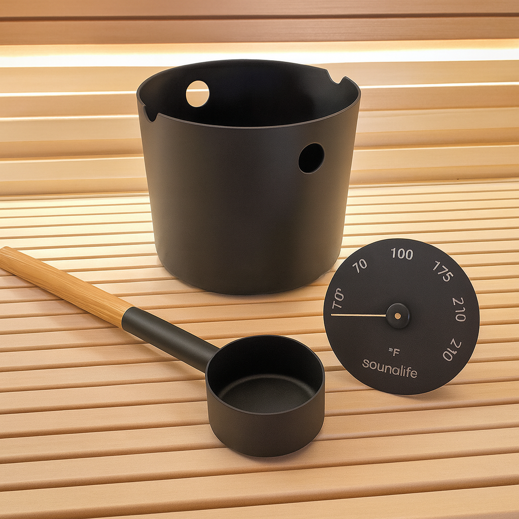 SaunaLife Scandinavian sauna accessories set including a wooden-handled ladle, black bucket, and thermometer