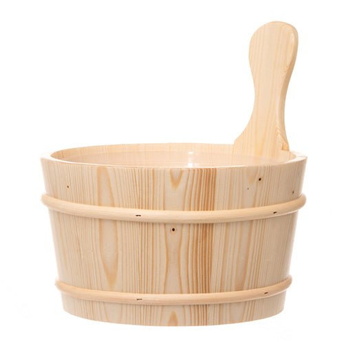 Rento Spruce sauna bucket with a natural wood finish and sturdy handle for sauna use