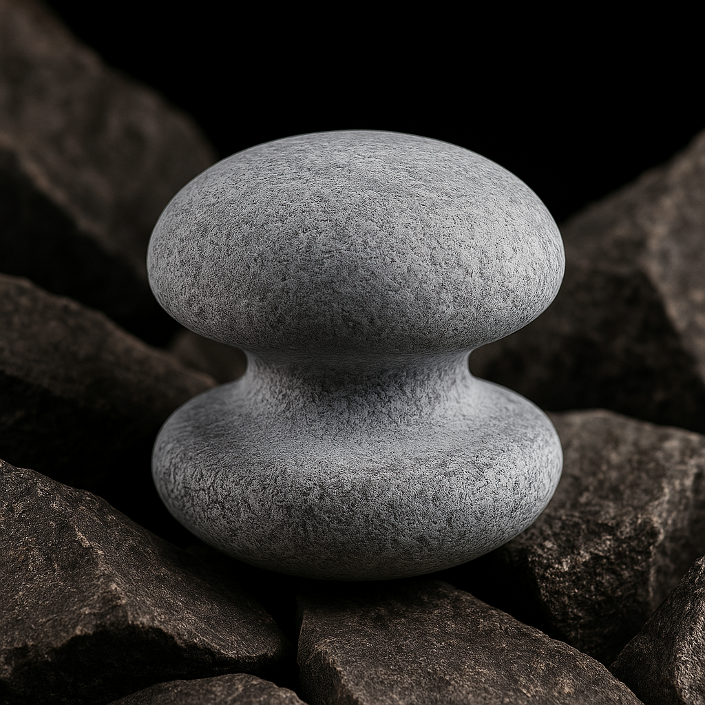 Hukka soapstone massage stone smooth double lobed gray handheld massager on black rocks