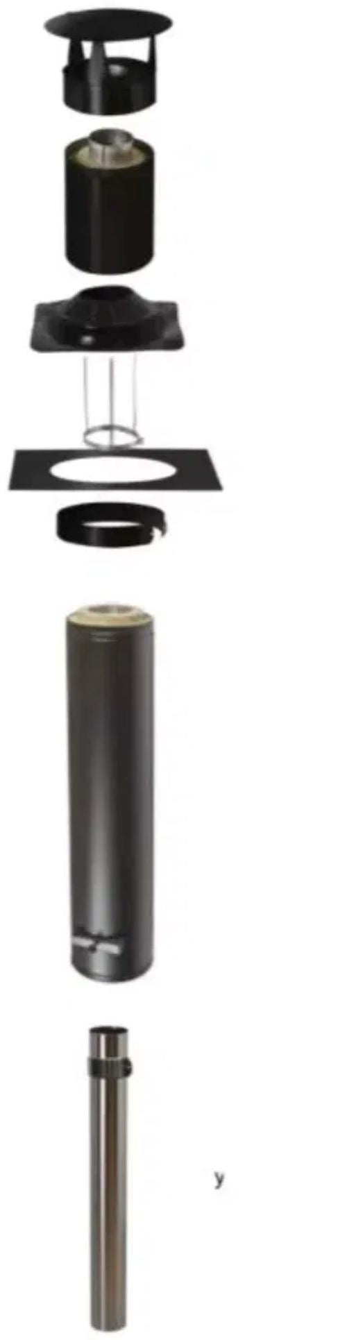 Narvi black heat resistant chimney kit exploded view showing black pipe sections cap roof flange and stainless liner