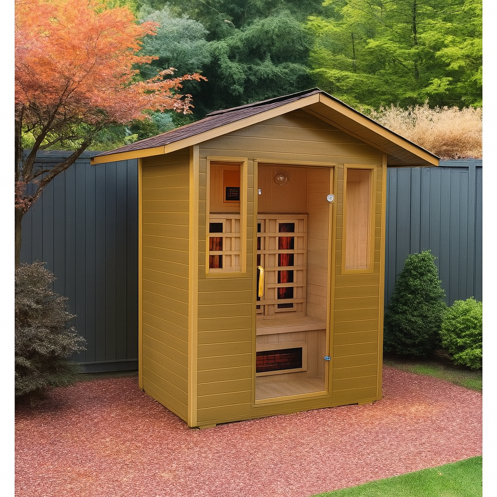 SunRay 3-person outdoor infrared sauna made of wood with glass door in a backyard setting