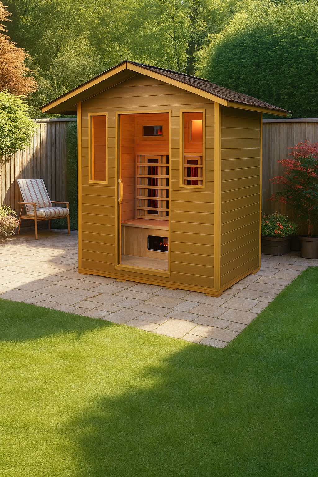 SunRay 4 person outdoor infrared sauna in wooden finish placed in a backyard on a stone patio