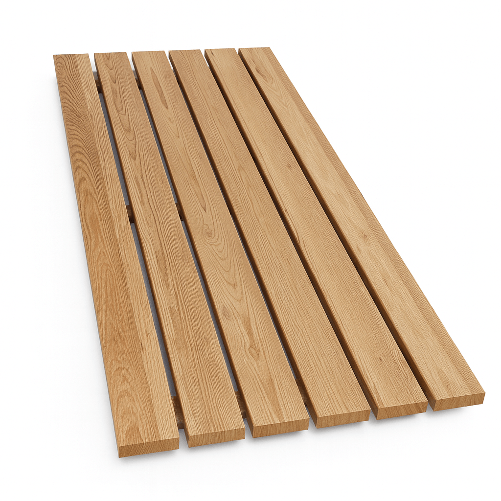 Thermo spruce sauna floor kit comprising slatted wooden panels for sauna installations