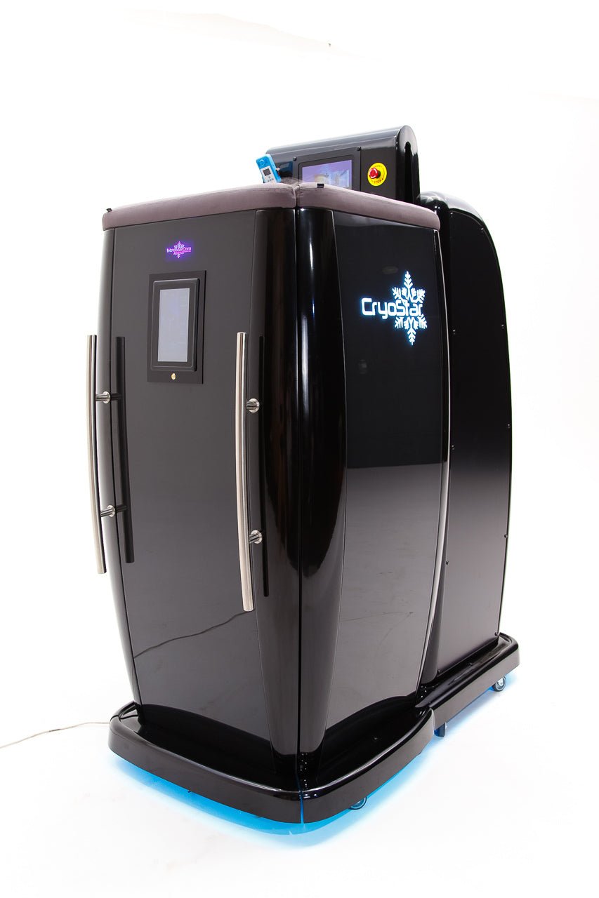 Vacuactivus cryotherapy chamber with sleek black design and user interface for effective cold therapy treatments