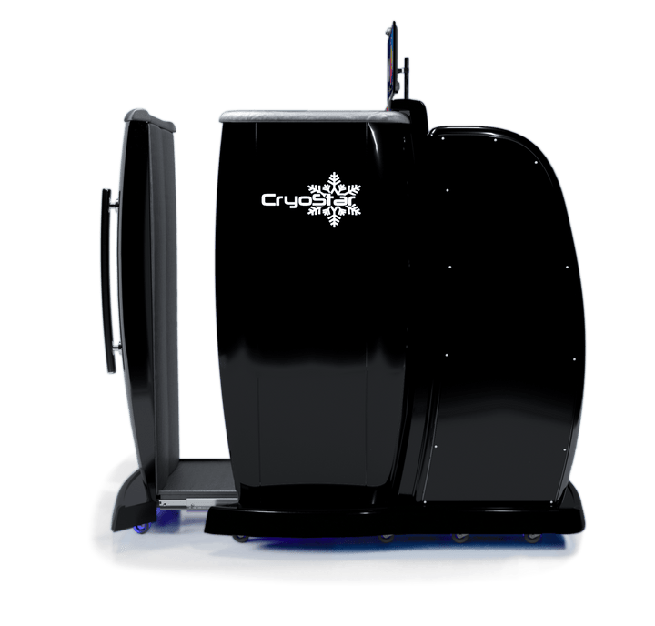 Vacuactivus cryotherapy chamber featuring sleek black design and illuminated base for cold therapy sessions