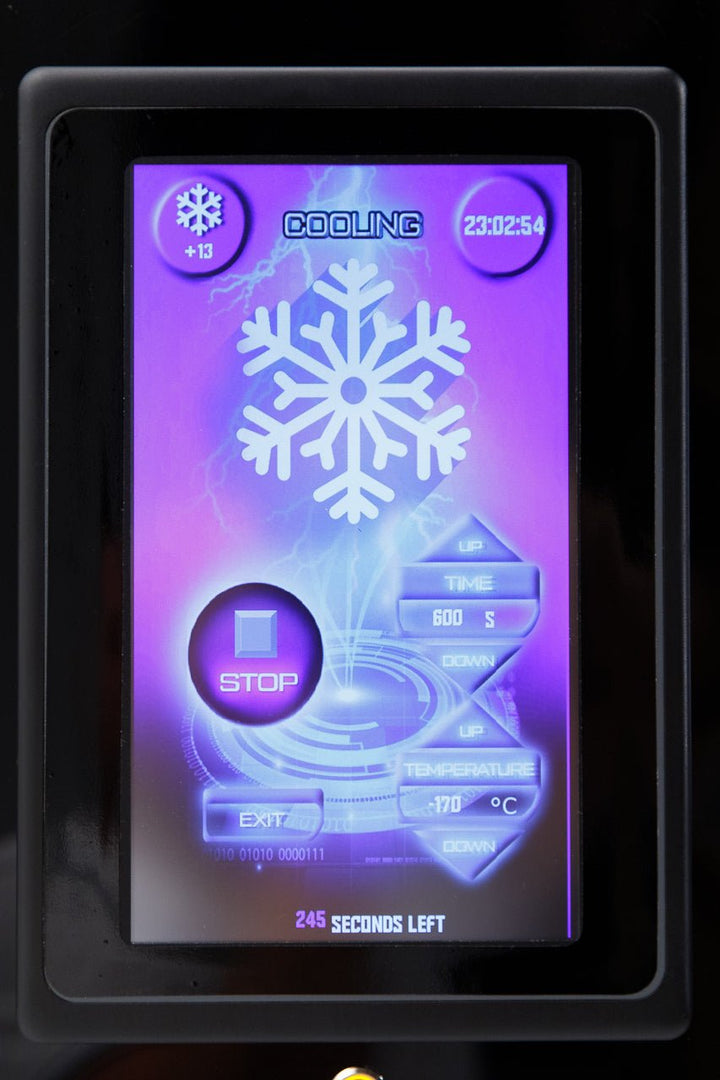 Vacuactivus cryotherapy chamber control panel displaying time and temperature settings for treatment