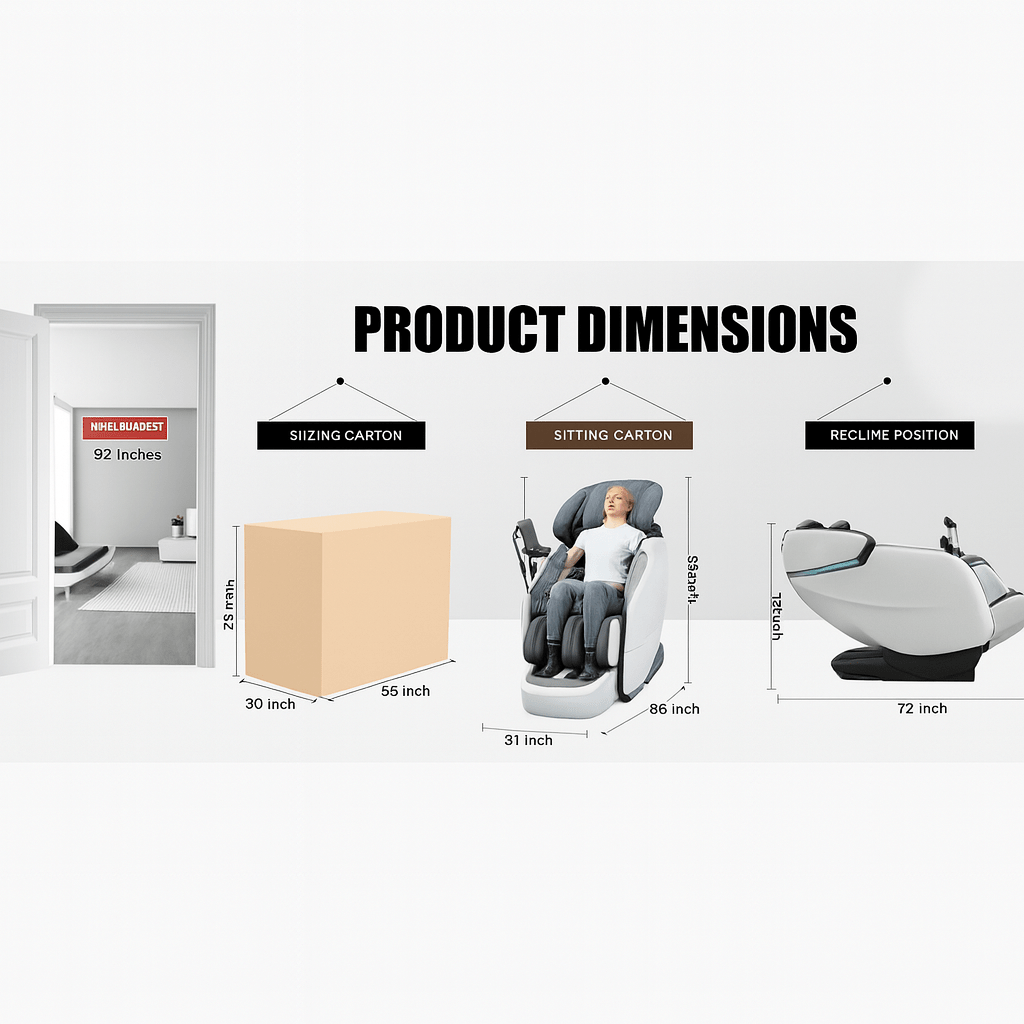 Vacuactivus massage recliner dimensions showing sitting carton size and recline position for optimal comfort