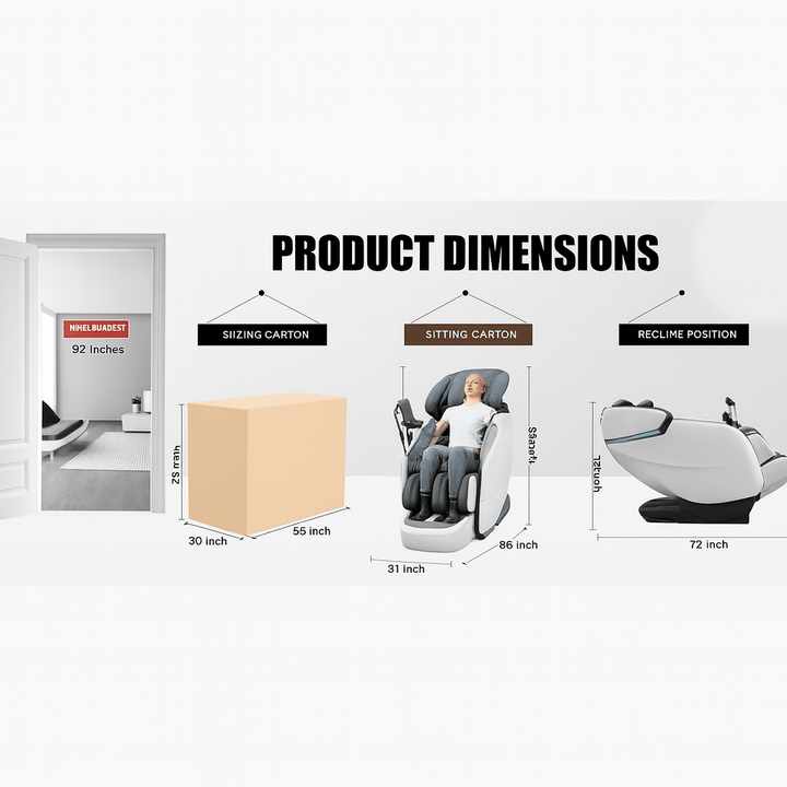 Vacuactivus massage recliner dimensions showing sitting carton size and recline position for optimal comfort