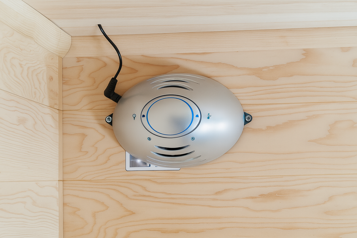 SunRay 2-person infrared sauna control panel mounted on light wood interior wall