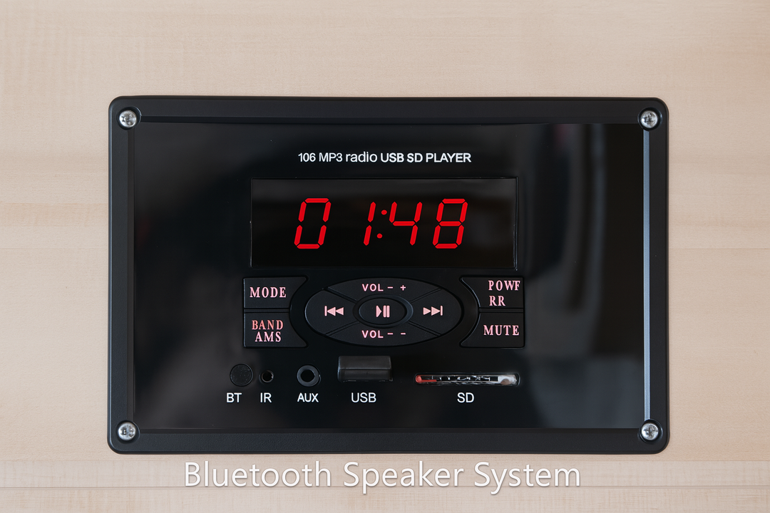 SunRay 2-person infrared sauna Bluetooth speaker system control panel with digital display and multiple input options